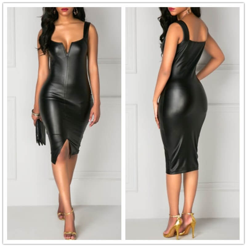 Zwarte bodycon leren stijl jurk