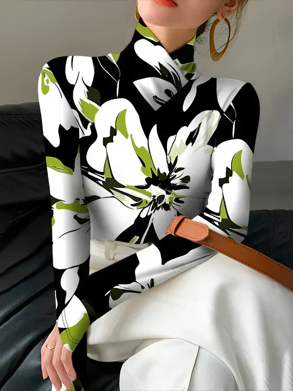 Women's Turtleneck Shirt Floral Print Long Sleeves Cotton