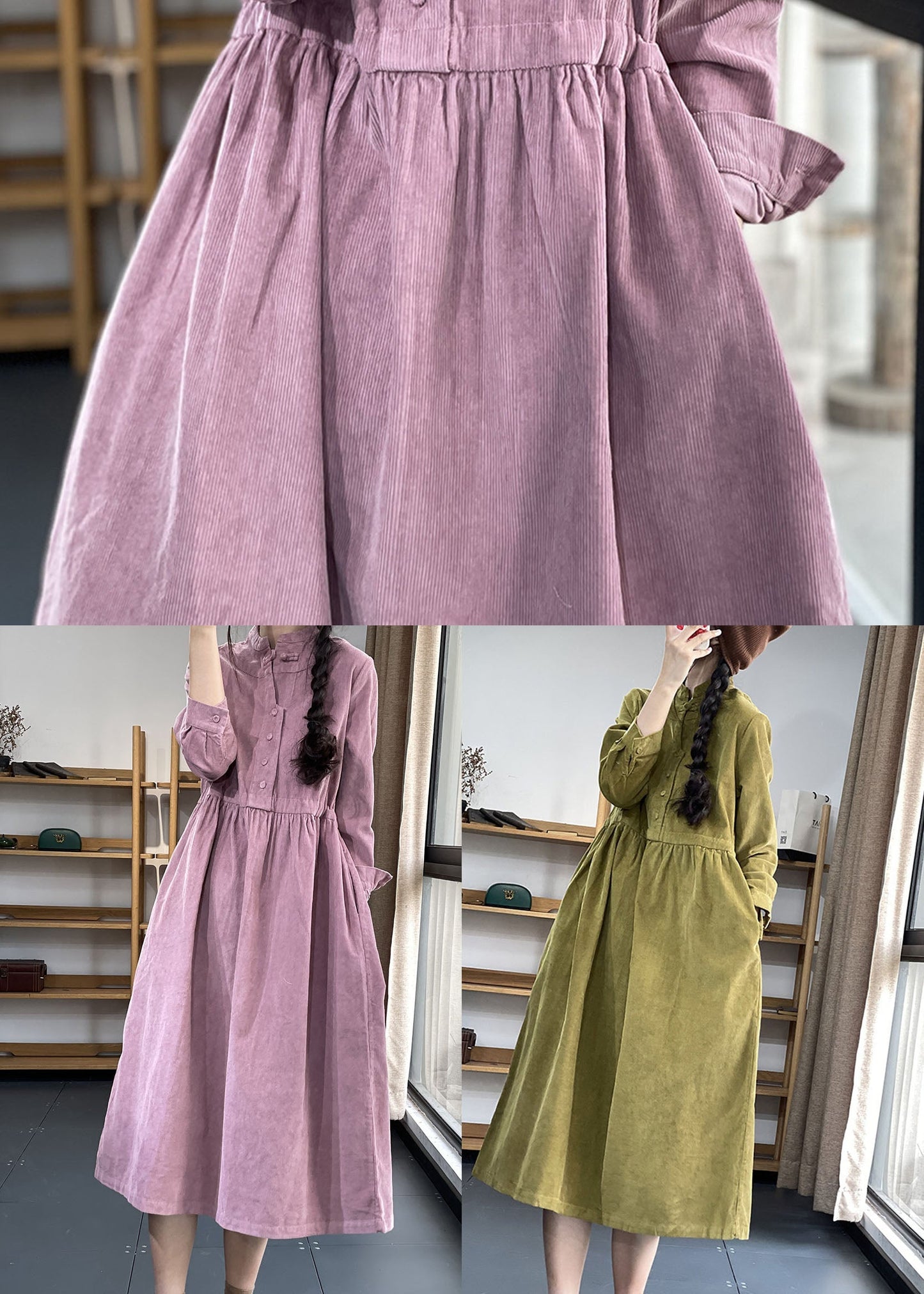 Women's Corduroy Dress with Stand-up Collar and Patchwork