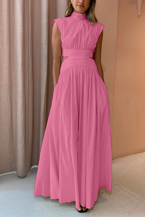 Women's Maxi Swing Dress with High Neck and Cut-out Waist