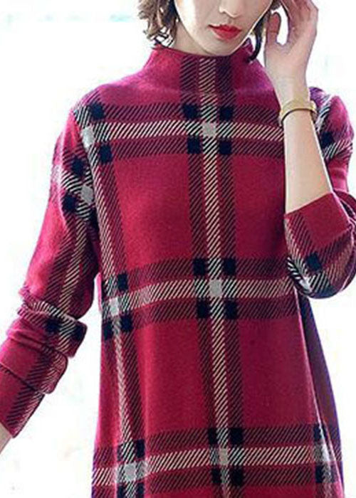 Women's Sweater Dress High Neck Plaid Pattern