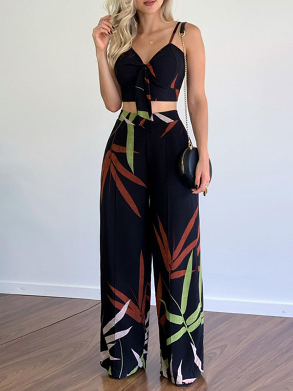 Women's Two-Piece Set V-Neck High Waist Printed Wide Trousers