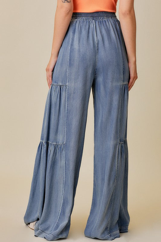 Women's Wide Trousers Ruffle Denim Casual Leg