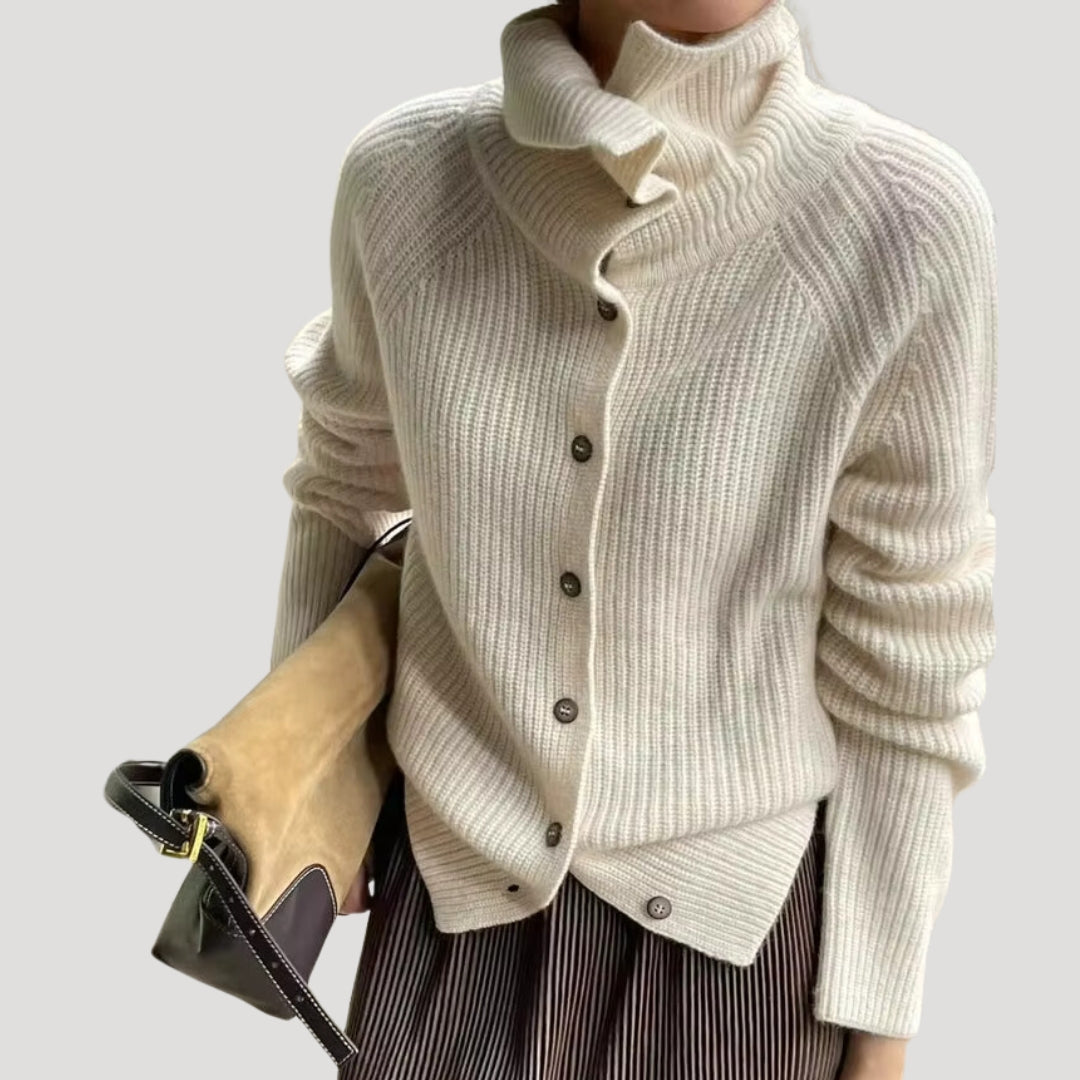 Ladies' Cardigan Chunky Knitted With High Collar