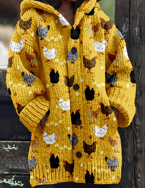 Ladies Cardigan With Unique Chicken and Chick Images Soft Material