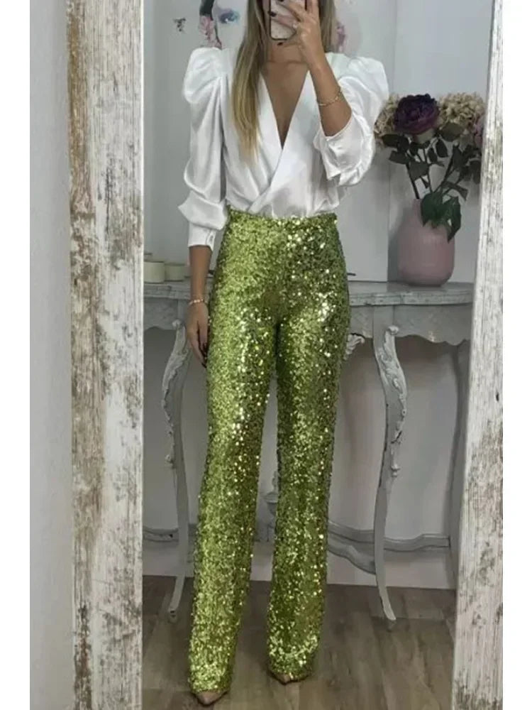 Ladies Party Pants With Sparkling Sequins Polyester Elastane