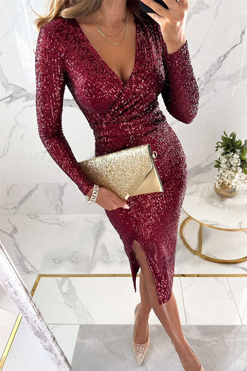 Ladies Sequin Dress With Split And Long Sleeves Polyester Elegant Evening Dress