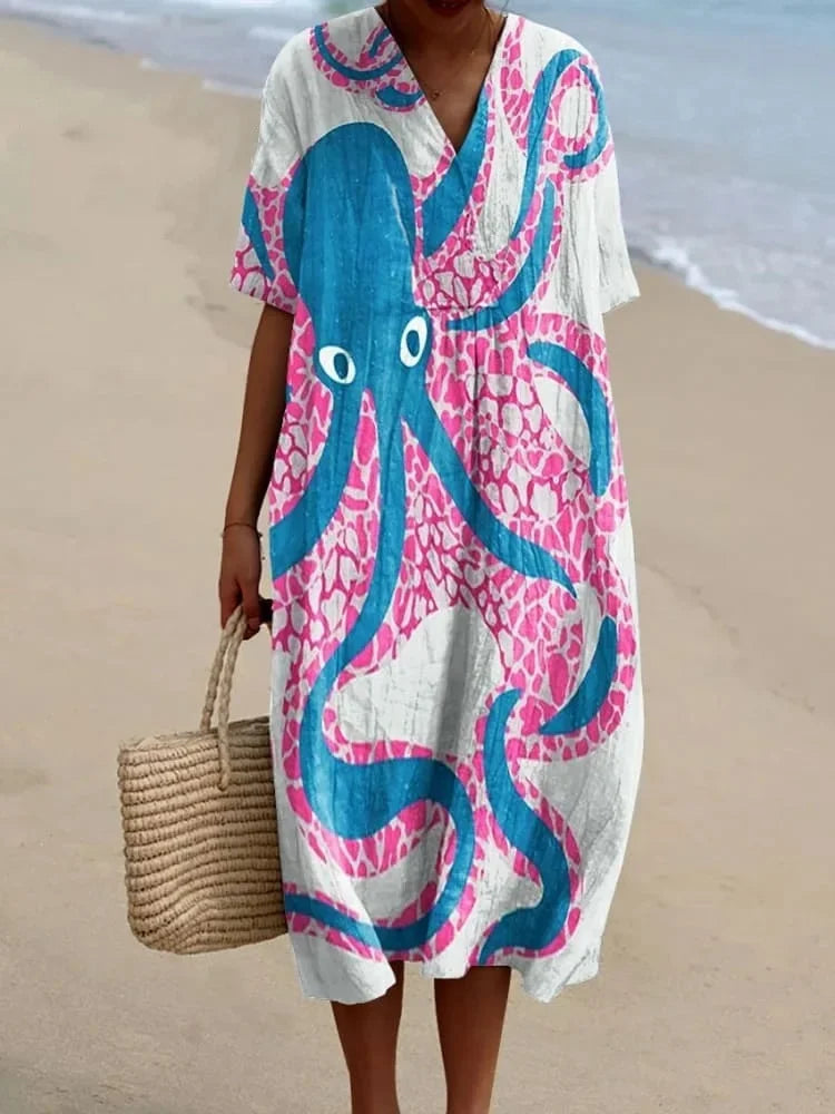 Ladies Shirt Dress Short Sleeves Plus Size Breathable Ocean Print Casual Summer Dresses
