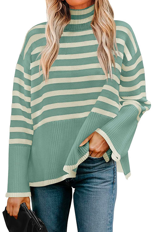 Ladies' Striped Sweater with Col and Side Slit