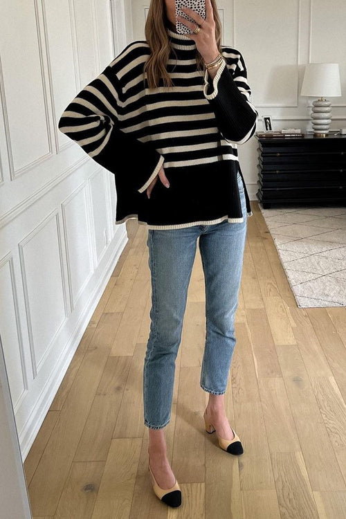 Ladies' Striped Sweater with Tufted Neck and Side Slit