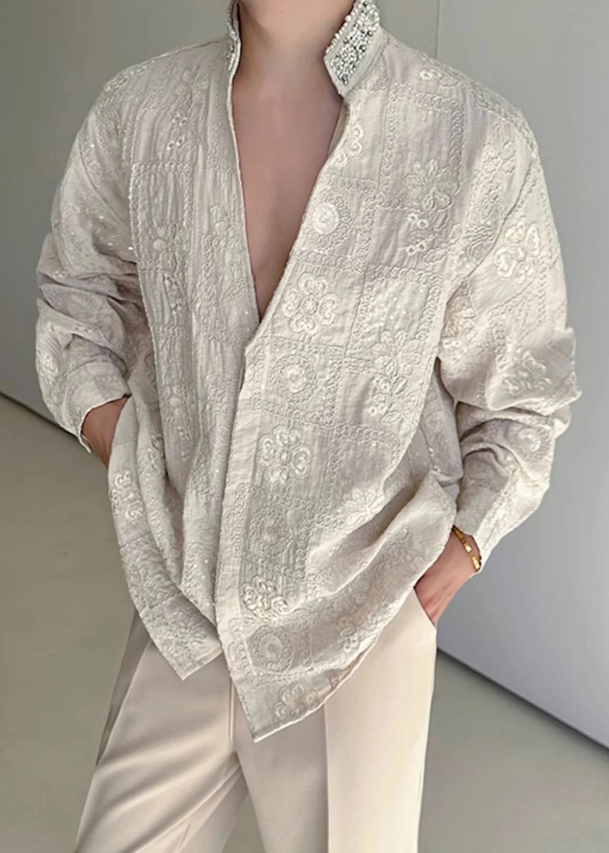 Men's Worker Shirt Stand Collar Embroidered Fall Style 4