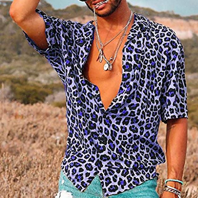 Men's Leopard Print Polo Shirt with Short Sleeves