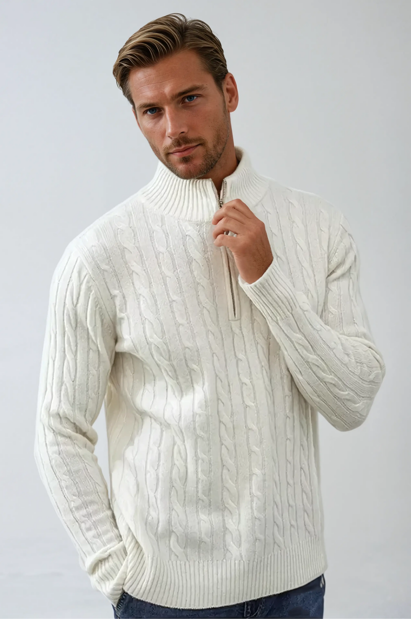 Men's Sweatshirt with Zip and Cable Knit Design