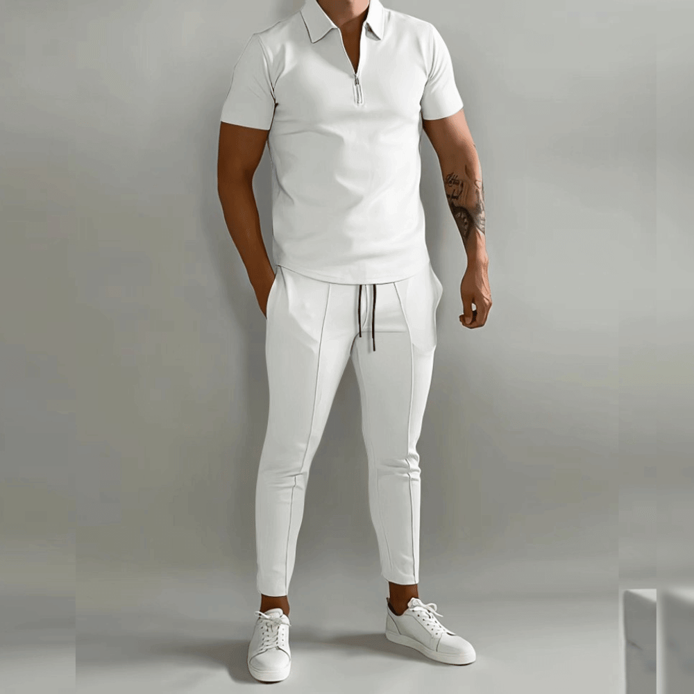Men's Tracksuit Slim Fit Polo Shirt with Half Zip and Slim Trousers