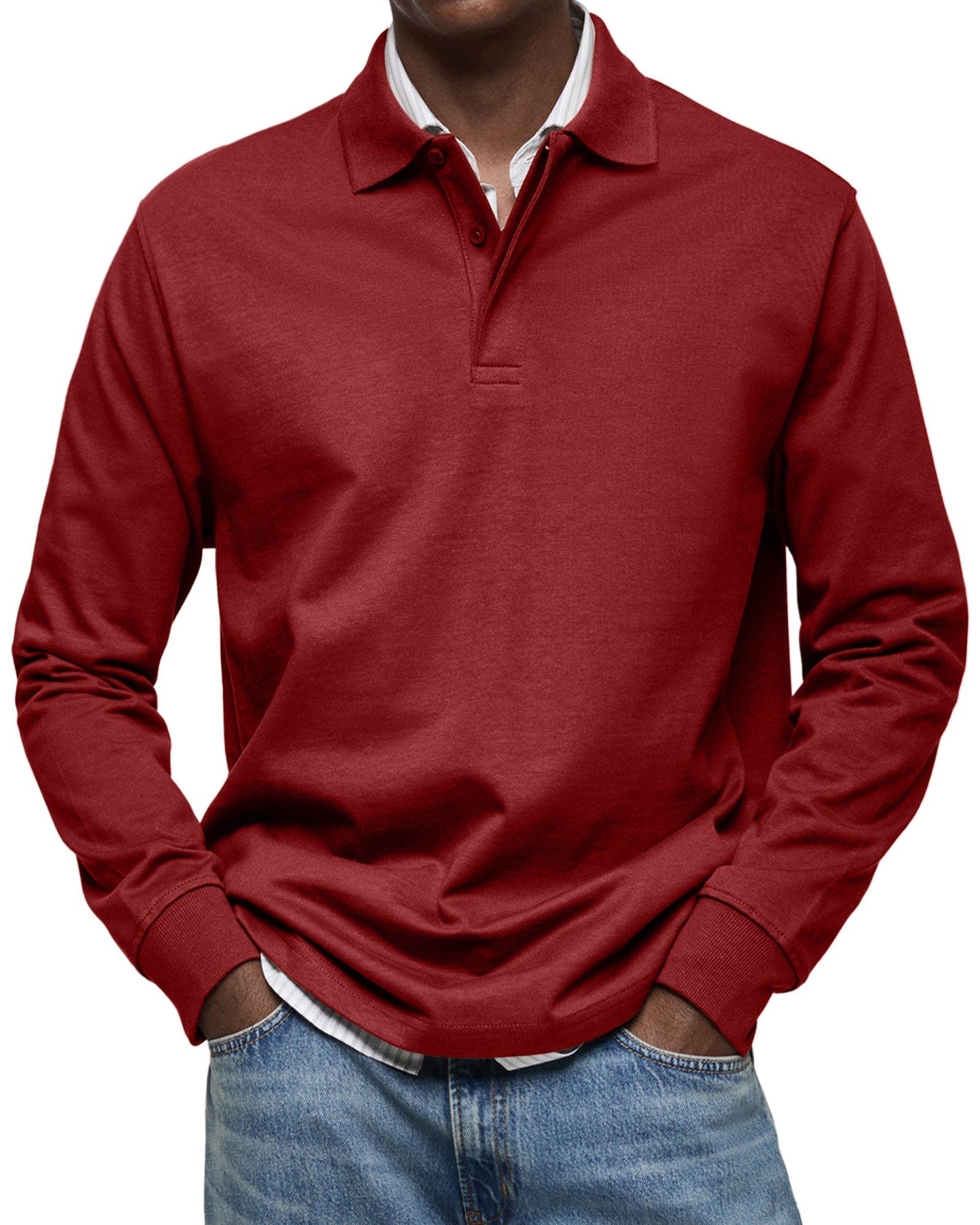 Men's long-sleeved polo shirt with button collar