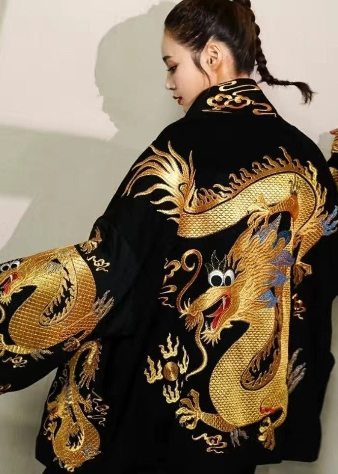 Oversized Cotton Cardigan with Gold Dragon Print for Women