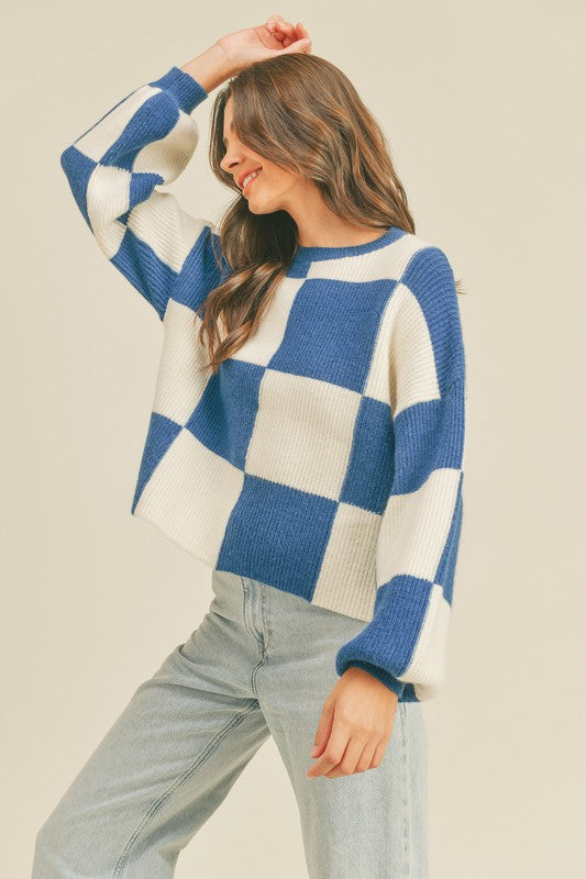 Oversized Pullover Plaid Pattern Cobalt
