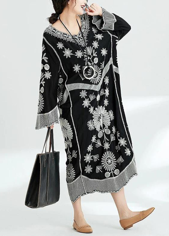 Women's V-neck Chiffon Dress with Black Pattern