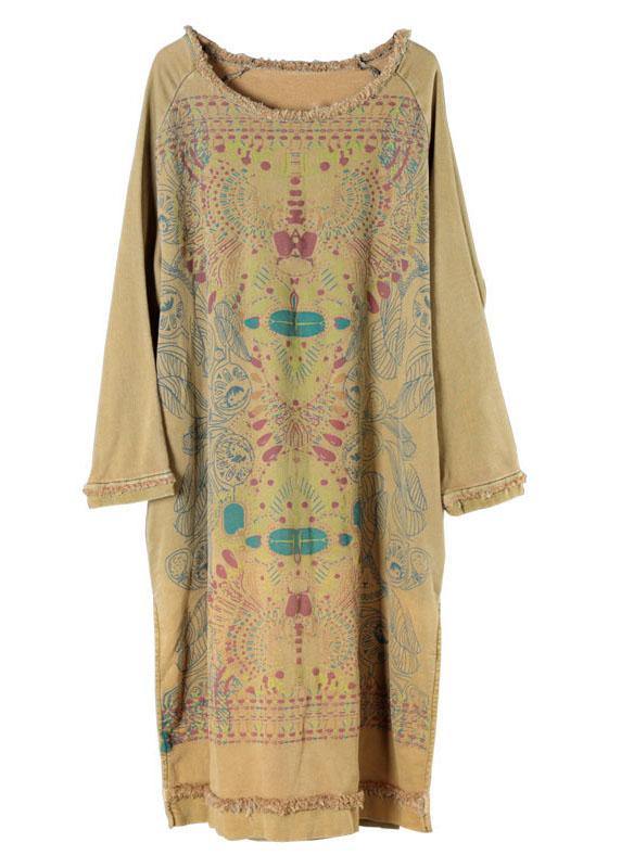 Women's O-Neck Cotton Dress with Side Slit