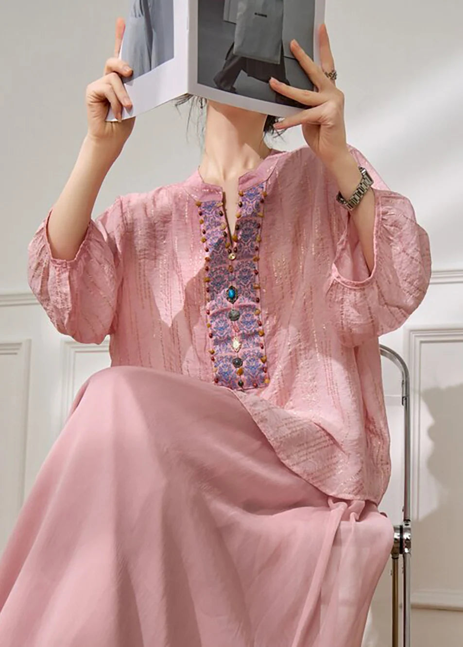 Women's Blouse Lantern Sleeve Nail Bead Detail 4