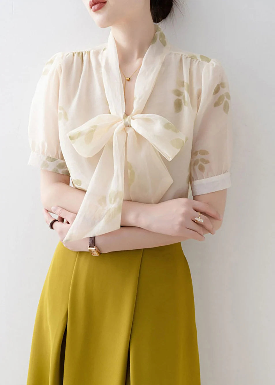 Women's Blouse V Neck Lace-Up Bow Short Sleeve 4