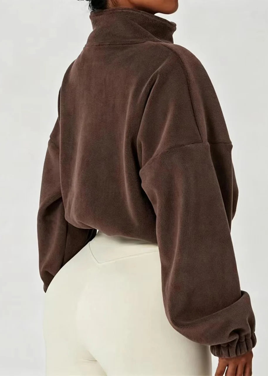 Women's Casual Fleece Jacket Stand Collar Zippered Drawstring 4