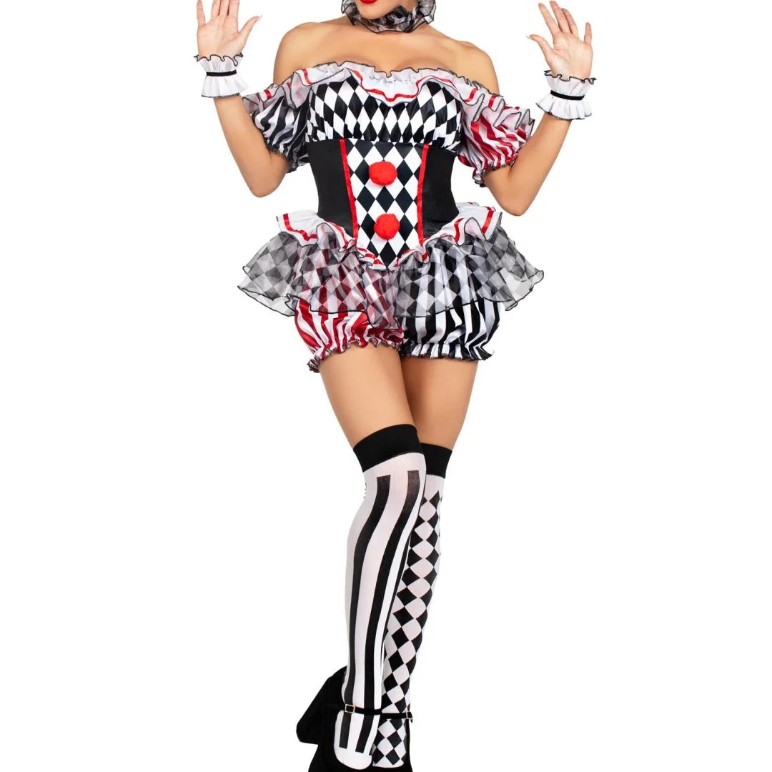 Women's Clown Jumpsuit Costume Off Shoulder with Hat and Stockings 0