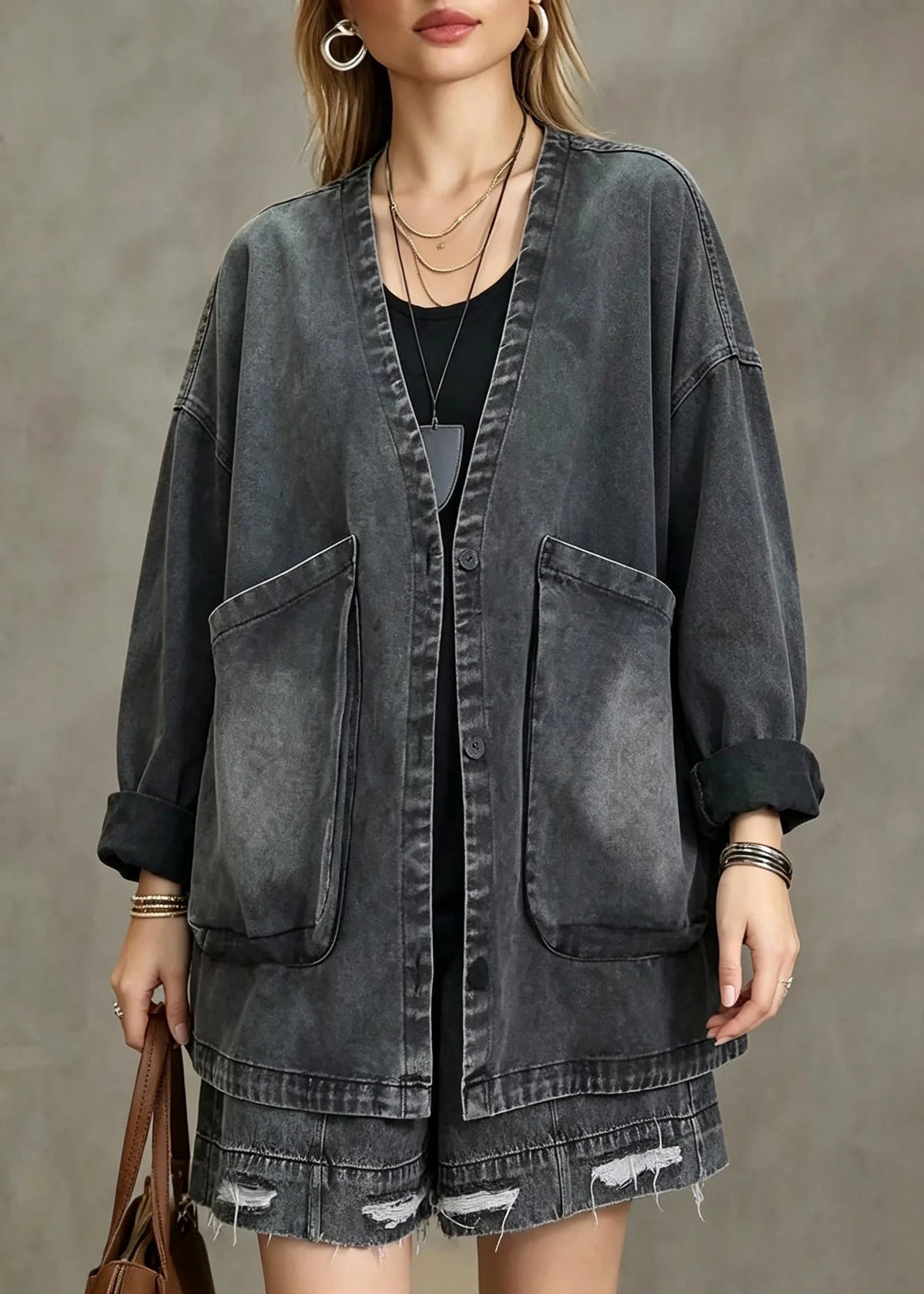 Women's Denim Coat Vintage Style with V Neck and Pockets 4
