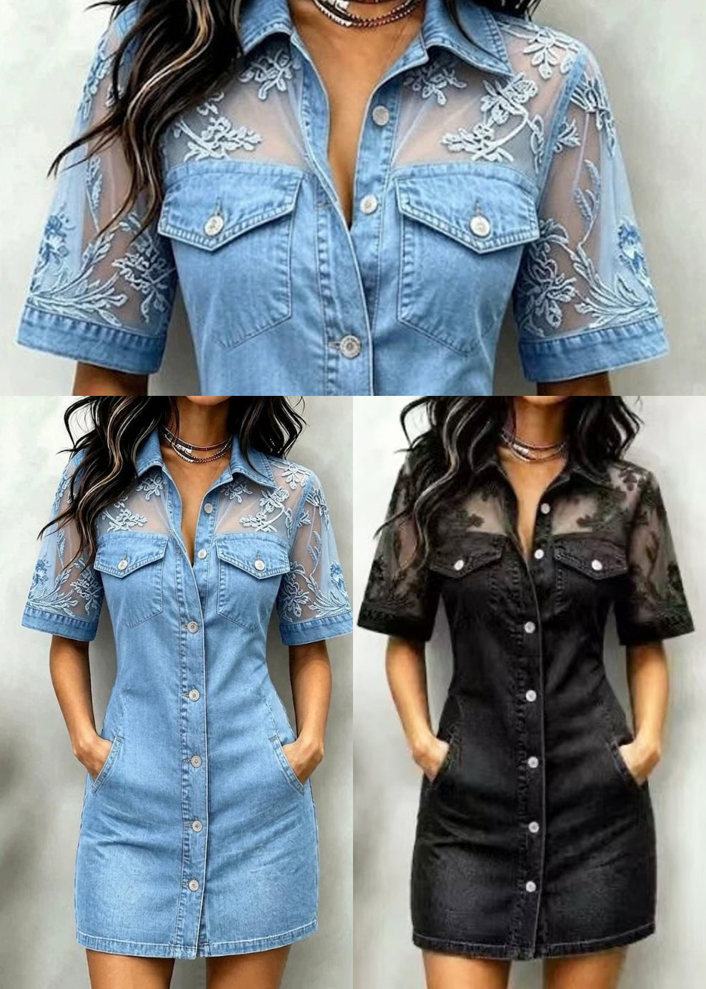 Women's Denim Dress Peter Pan Collar Patchwork Short Sleeve 4
