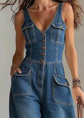 Women's Denim Jumpsuit Straight Leg with Oversized Pockets 4