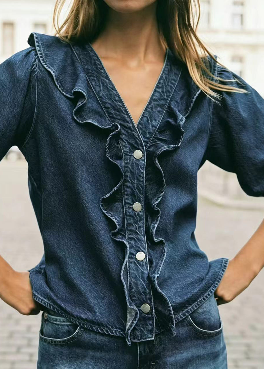 Women's Denim Shirt Long Sleeve Ruffled V Neck 3