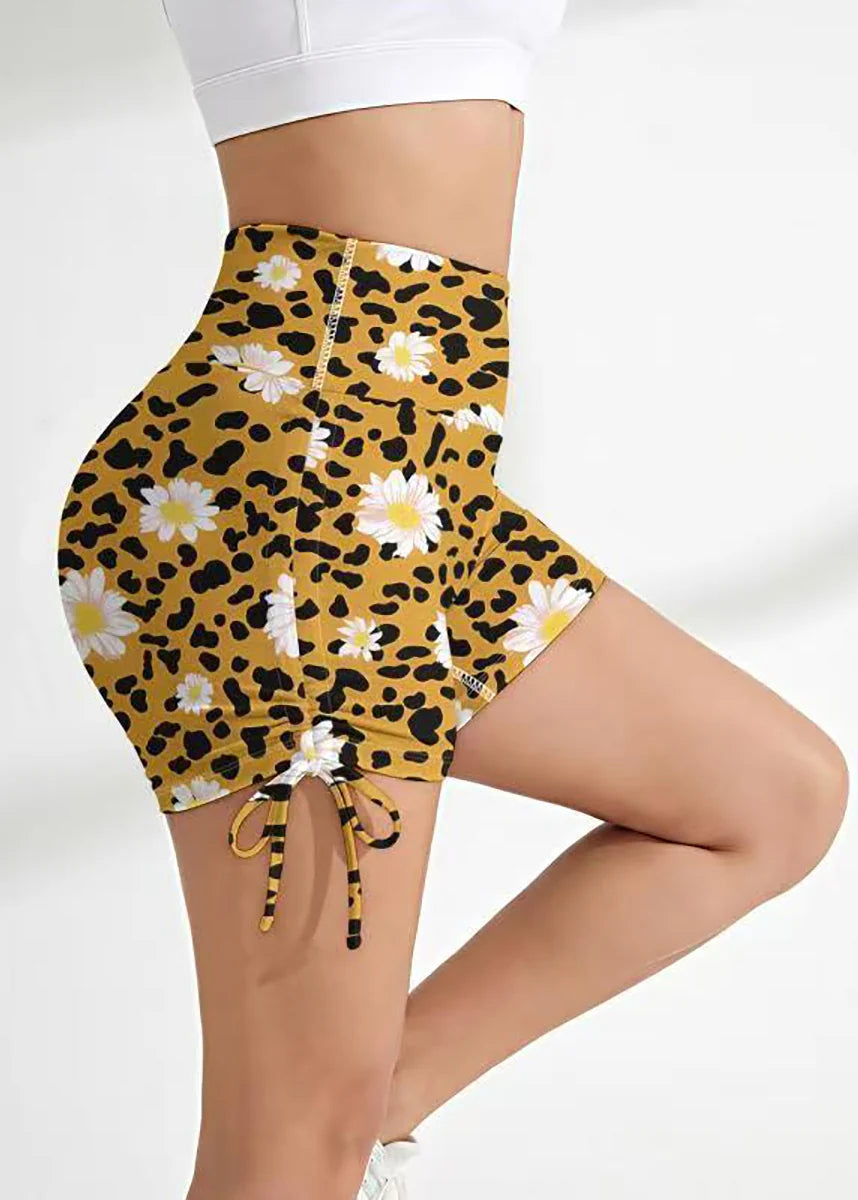 Women's High Waist Workout Shorts Leopard Daisy Print 4