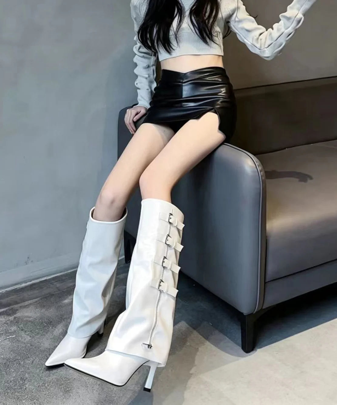Women's Knee High Boots Pointed Toe Stiletto Wide Leg 3
