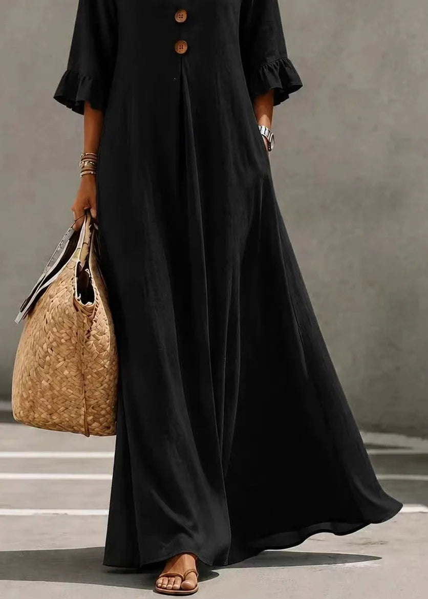 Women's Long Dress V Neck Button Detail Butterfly Sleeve 4