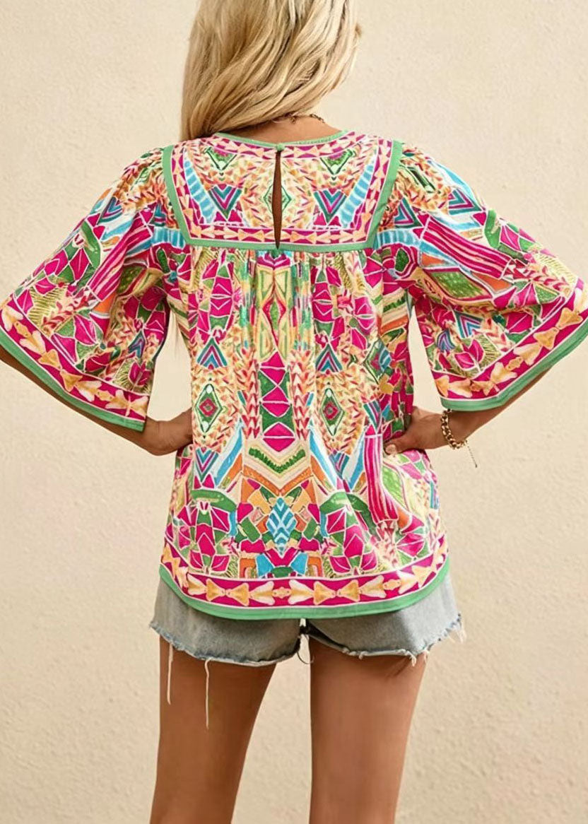 Women's O-Neck Shirt Wrinkled Print Summer Style 4