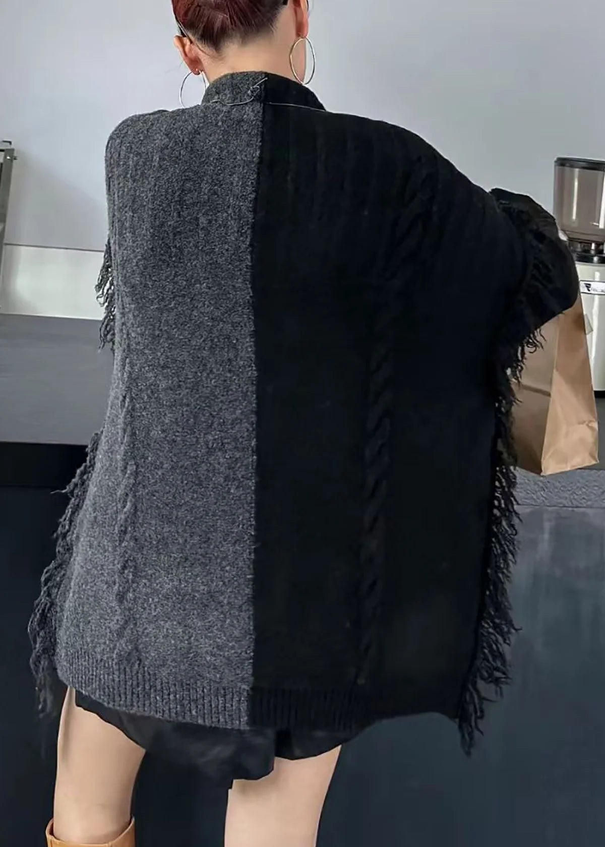 Women's Oversized Knit Sweater Turtleneck Colorblock Fringe 4