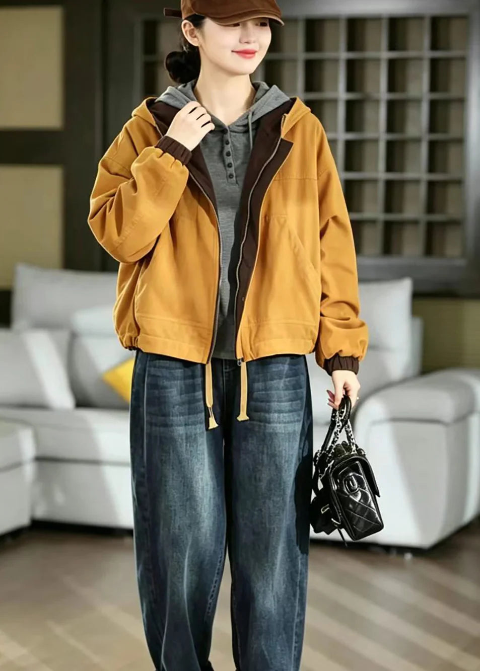 Women's Reversible Hooded Jacket Casual Patchwork Style 4