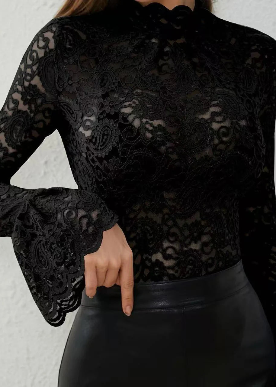 Women's Sheer Lace Top Flare Sleeve 4