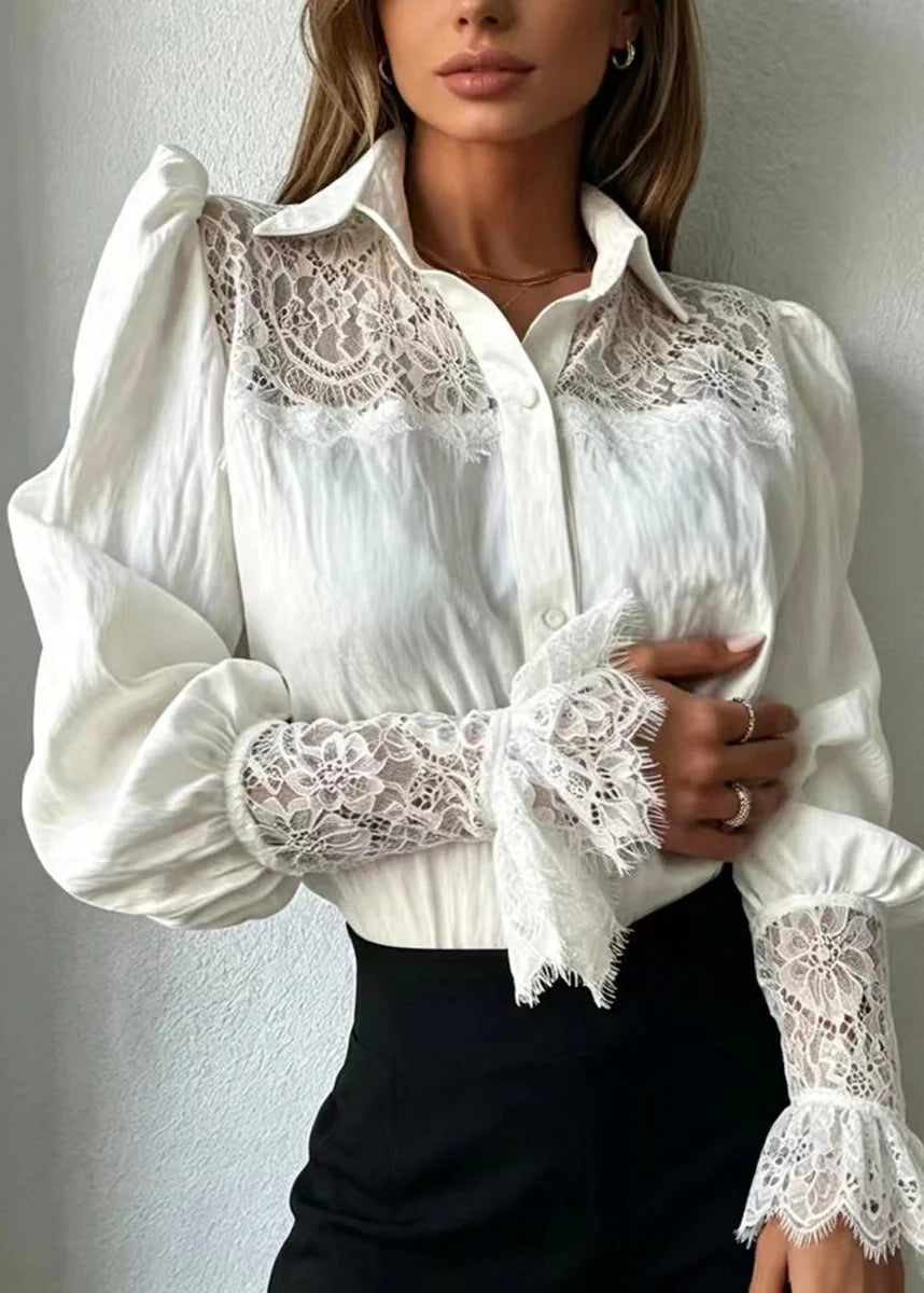 Women's Shirt Turn-Down Collar Patchwork Lace Design 4