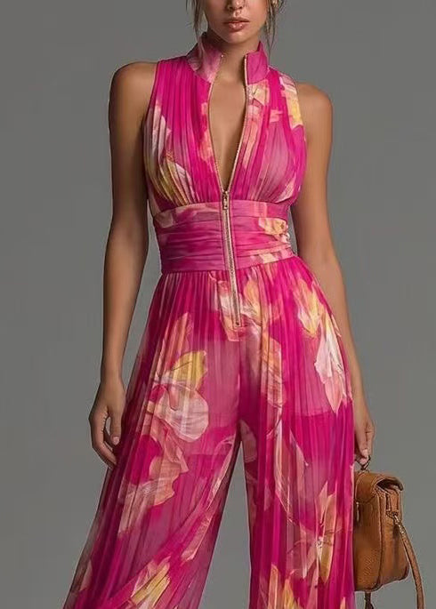 Women's Sleeveless Jumpsuit Stand Collar Wrinkled Print 4