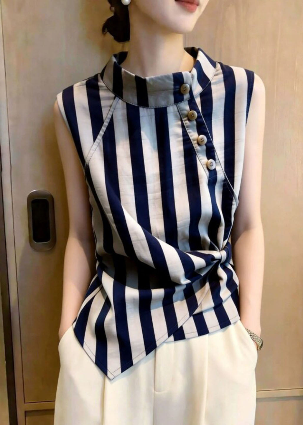 Women's Striped Shirt with Stand Collar Casual Summer Top 4