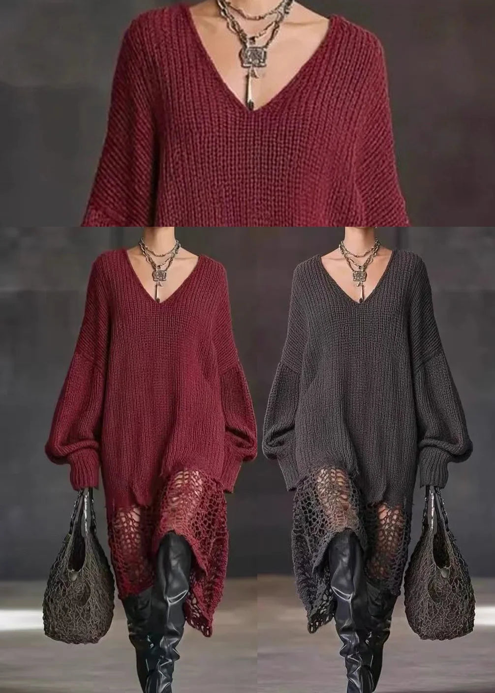 Women’s Sweater Dress V Neck Asymmetrical Hem 4