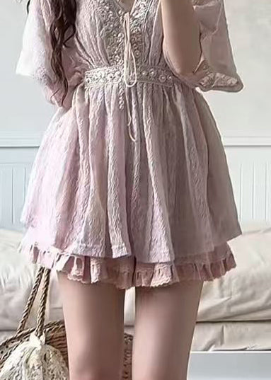 Women's Two-Piece Suit Set V Neck Lace Up 4