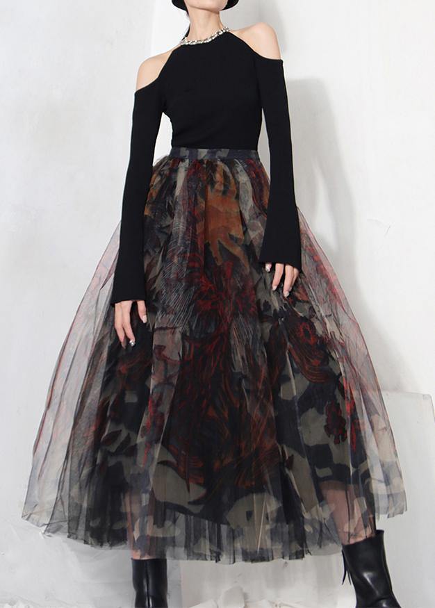 Women's A-line Lace Skirt with Black Print