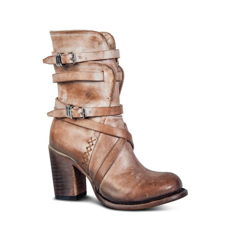 Women's Ankle Boots with Thick Heel and Weathered Detail