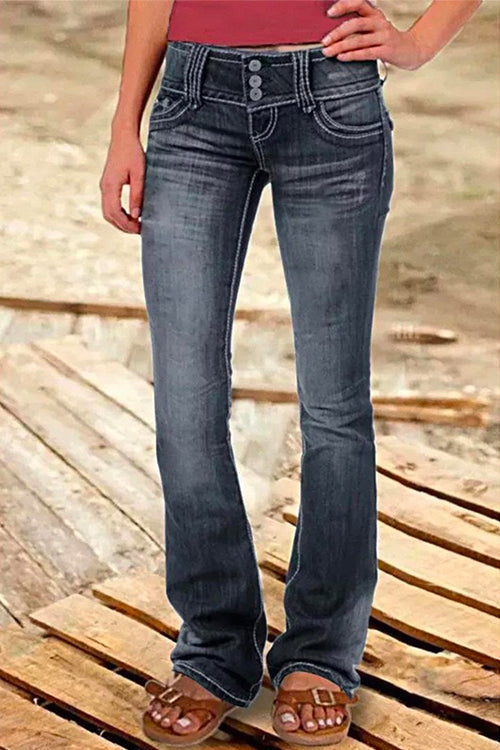 Women's Bell Bottom Jeans with Buttons and Pockets