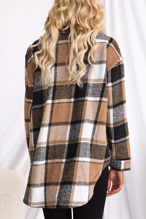 Women's Checked Shacket Jacket with Revers and Button Pockets