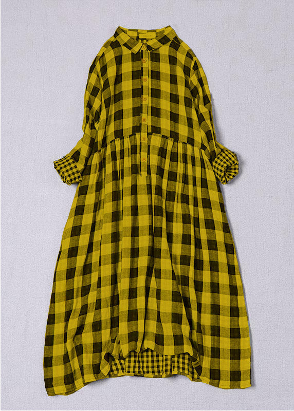 Women's Cotton Dress with Peter Pan Collar and Plaid Pattern