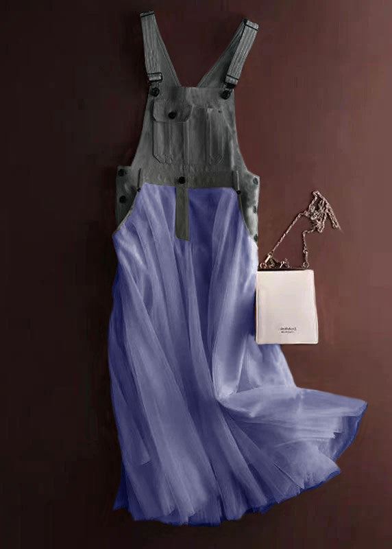 Women's Denim Strap Dress with Tulle Patchwork