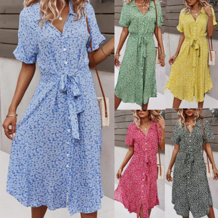 Women's Floral Print Summer Dress With V-neck Cotton Knee Length